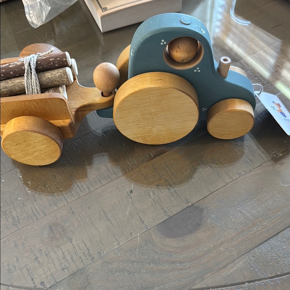 Wooden Toy Tractor with Trailer - Blue and Natural
